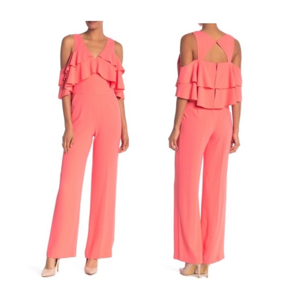 Trina Turk Cold Shoulder Ruffle Trouser Josephine Coral Jumpsuit Size 12 NWT